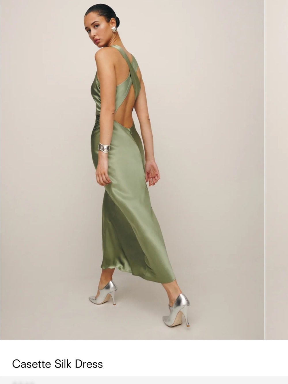 Reformation Olive Green Satin Backless Midi Dress